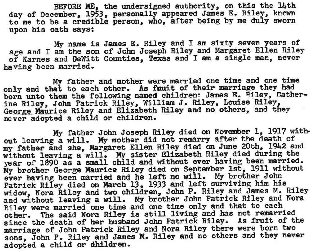Typed affidavit page from James E. Riley regarding family heirship, filed in the Deed Records of Karnes County, Texas, prepared by Karnes County Abstract Company.