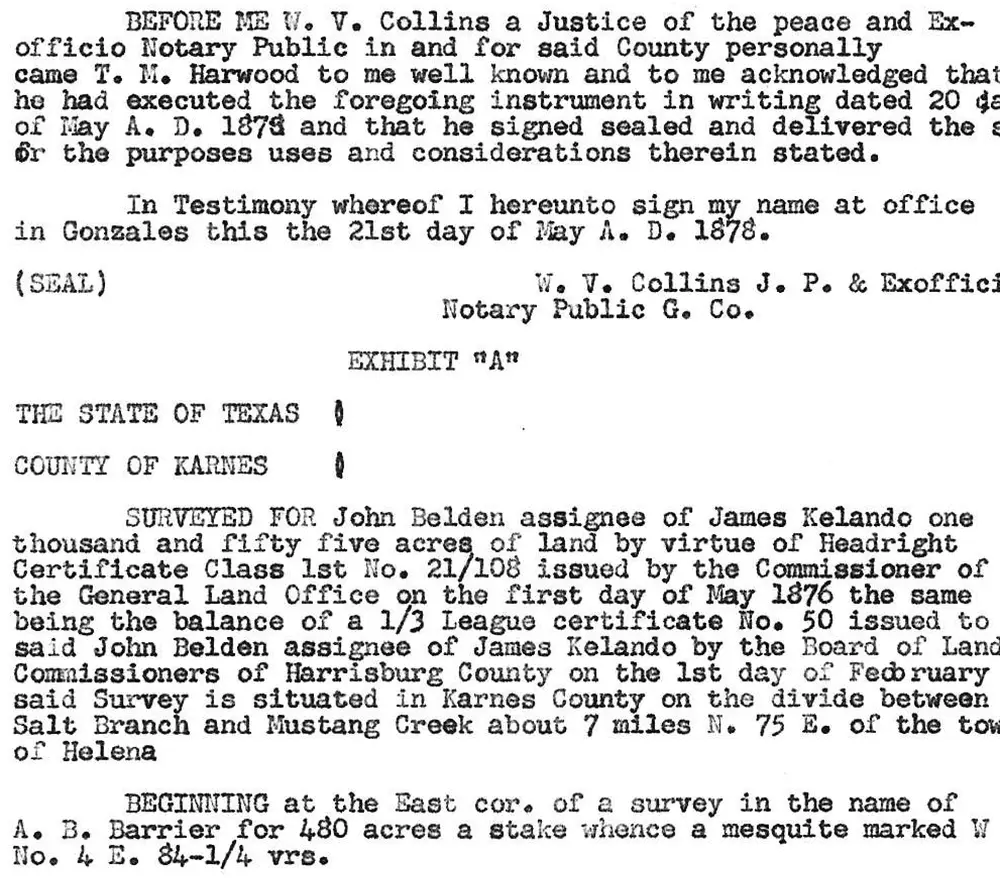 Typewritten legal document page containing a notary acknowledgment for T. M. Harwood and the beginning of a Texas land survey (Exhibit A) for John Belden, assignee of James Kelando, in Karnes County, Texas, stamped with the Karnes County Abstract Company seal at the bottom.