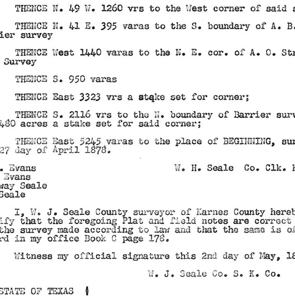 Typed page of a land survey's plat and field notes (metes and bounds description) for a 640-acre survey made for Frances N. Hackney in Karnes County, Texas, certified by W. J. Seale, County Surveyor, dated 1878; reproduced by the Karnes County Abstract Company.