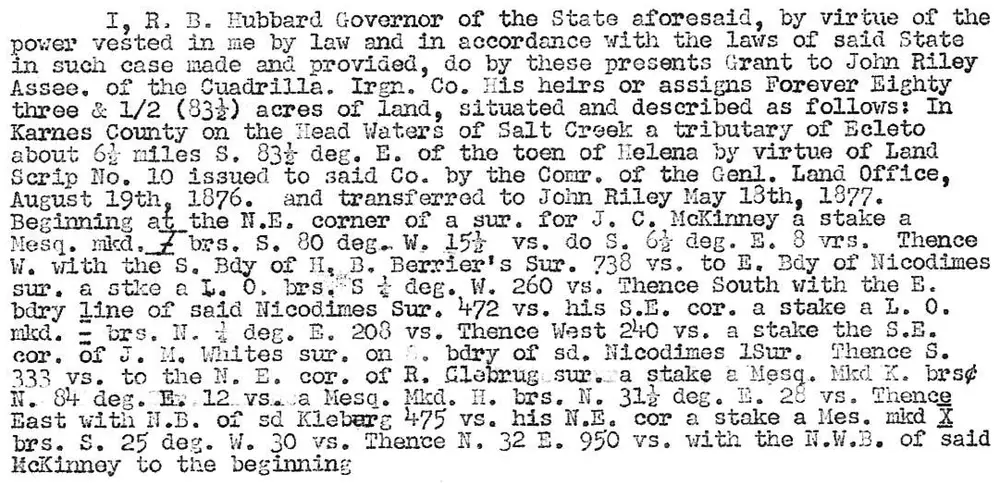 Typed transcript of a certified copy of a Texas land patent granting 83.5 acres in Karnes County to John Riley, assignee of the Cuadrilla Irrigation Company, dated September 20, 1878, signed by Governor R. B. Hubbard.