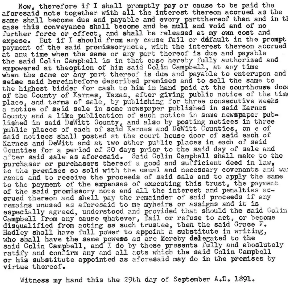 Typed transcription of a deed of trust document concerning Colin Campbell as trustee, involving John Riley and Grace F. Hadley, related to property in Karnes and DeWitt Counties, Texas