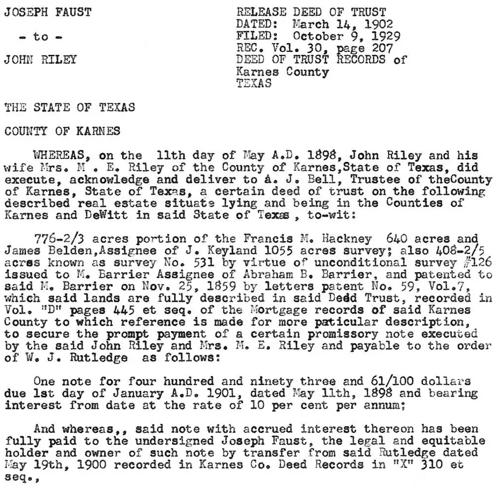 Typed transcription of a Release of Deed of Trust from Joseph Faust to John Riley, dated March 14, 1902, filed October 9, 1929, in Karnes County, Texas deed of trust records.