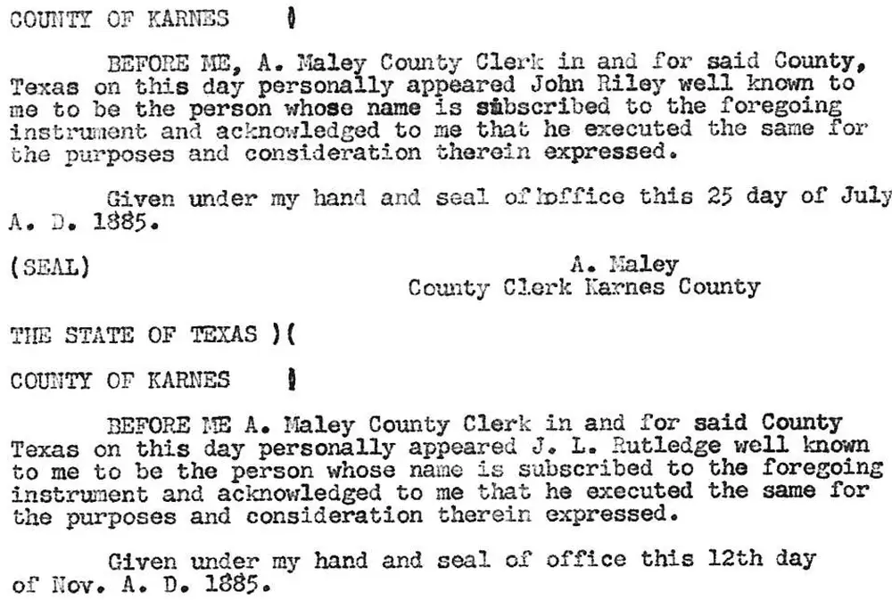 Typed transcription of a lease agreement page between John Riley and John L. Rutledge, including notary acknowledgments before A. Maley, County Clerk of Karnes County, Texas, with letterhead of Karnes County Abstract Company at bottom.