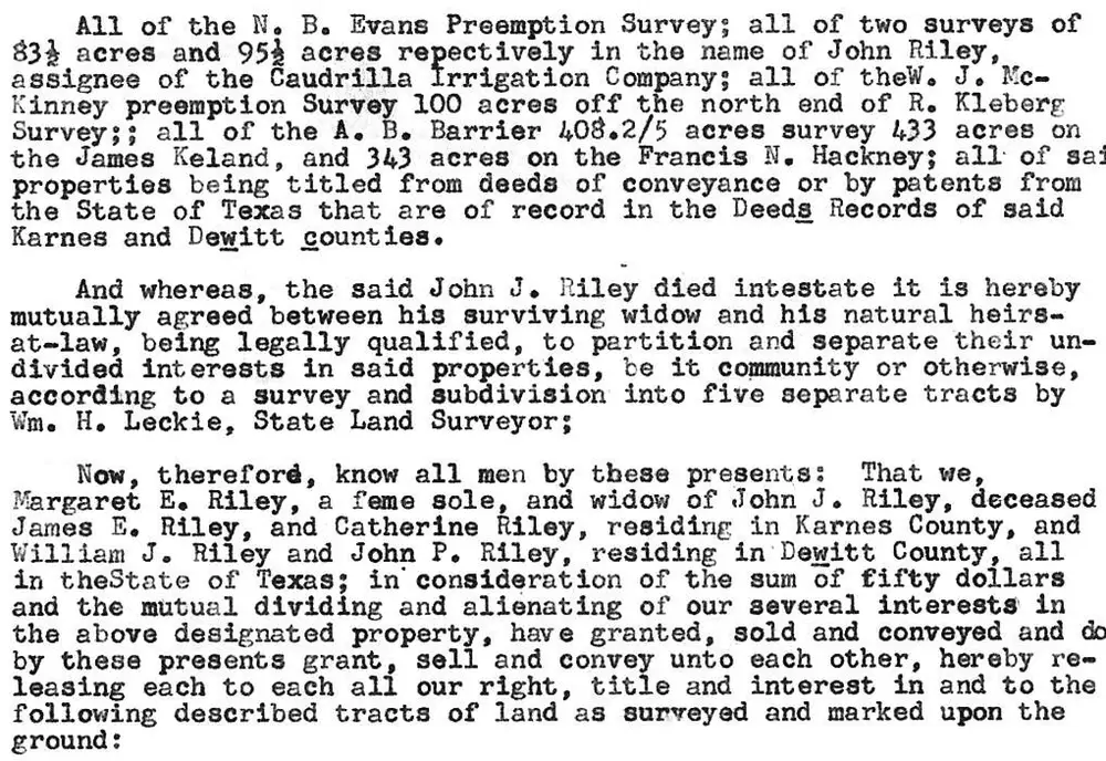 Typed transcript of a Partition Deed dated October 3, 1929, recorded in Karnes County, Texas Deed Records, dividing land owned by the late John J. Riley among his widow Margaret E. Riley and heirs.