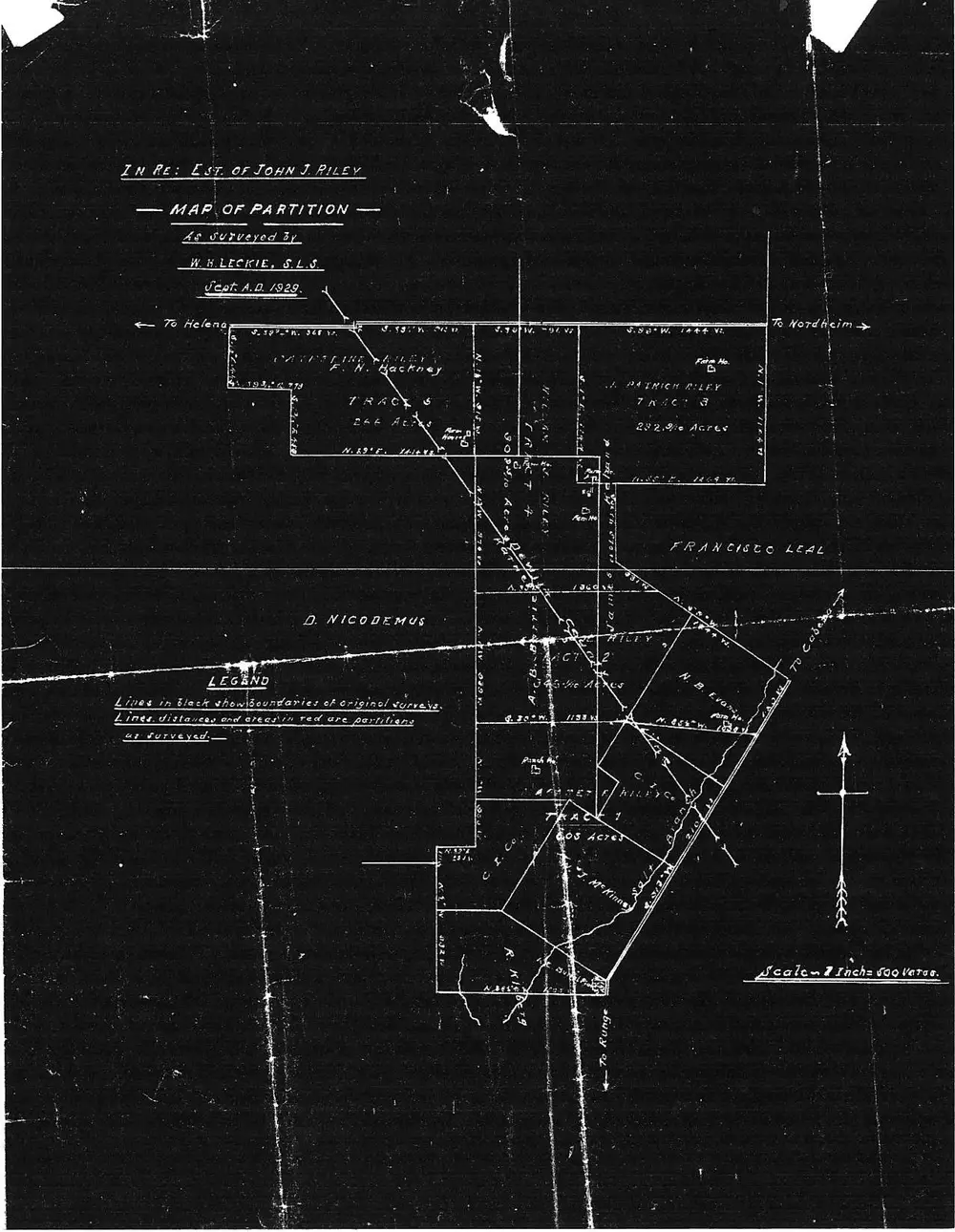 Surveyor's map of partition of the estate of John J. Riley, showing tracts 1-6 divided among heirs and neighboring landowners, roads, and a compass rose, surveyed by W.H. Leckie, S.L.S.