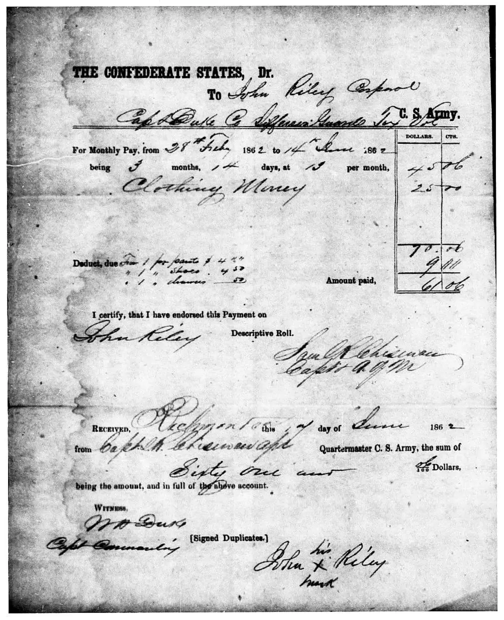 Scanned Confederate States Army pay voucher/receipt for John Riley, Corporal, Jefferson Guards, documenting monthly pay and clothing money owed, deductions for issued clothing items, and a receipt of payment signed with his mark, witnessed by officers.