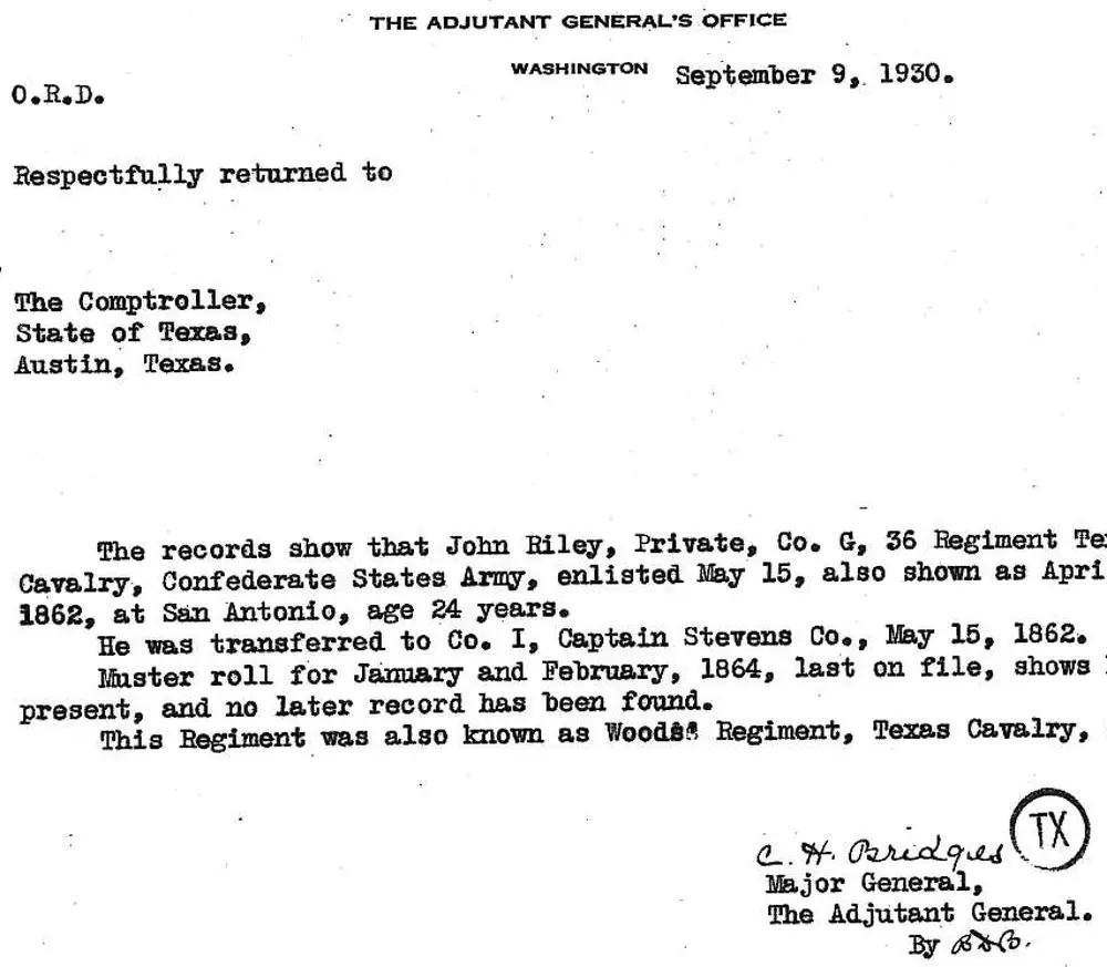 Typed letter from the War Department, The Adjutant General's Office, Washington, to the Comptroller, State of Texas, regarding Confederate service record of John Riley, Co. G, 36th Regiment Texas Cavalry, dated September 9, 1930.