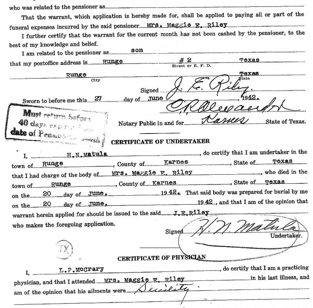 Scanned Texas State Archives form: Application for Mortuary Warrant for pensioner Mrs. Maggie E. Riley, filed by her son J.E. Riley, with certificates of undertaker H.N. Matula and physician L.P. McCrary
