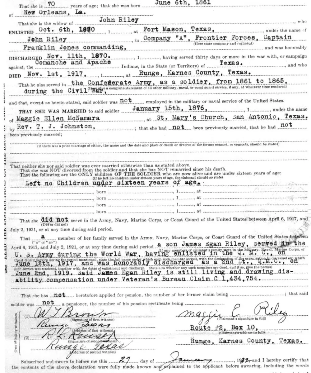 Completed and notarized 1932 form "Declaration for Widow's Pension—Indian Wars" filed by Maggie E. Riley, widow of John Riley, a Confederate Civil War veteran and Indian Wars campaign veteran, seeking a widow's pension. Includes signatures of claimant, two witnesses, and notary, plus an official pension office filing stamp.