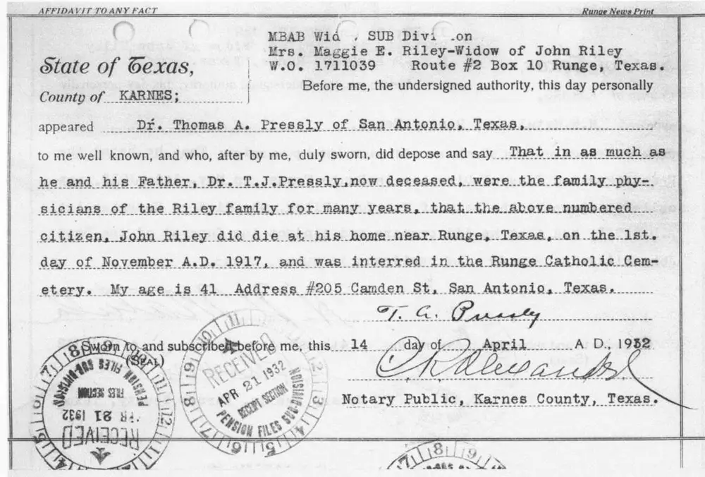 Scanned "Affidavit to Any Fact" form, State of Texas, County of Karnes, sworn by Dr. Thomas A. Pressly regarding the death and burial of John Riley, filed in support of Mrs. Maggie E. Riley's widow's pension claim (W.O. 1711039).