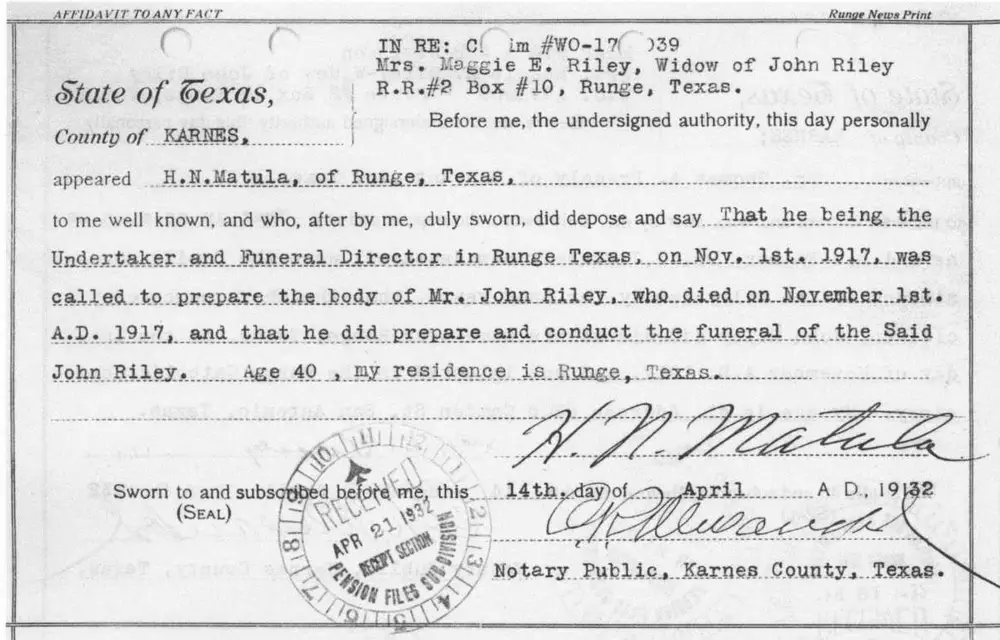 Typed and signed affidavit sworn by H.N. Matula, undertaker and funeral director, regarding preparation and conduct of the funeral of John Riley who died November 1, 1917, in support of a widow's pension claim by Mrs. Maggie E. Riley.