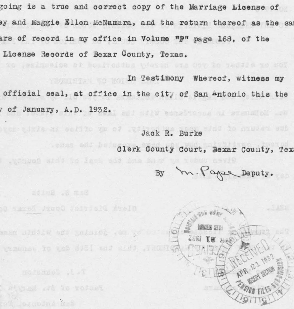 Typed certificate from the Bexar County, Texas Clerk's office certifying a true copy of the marriage license of John Riley and Maggie Ellen McNamara, with a faint ghost of underlying scanned text showing through from the reverse side, and official stamps (Received APR 21 1932, Pension Files Sub Division) in the lower right corner.