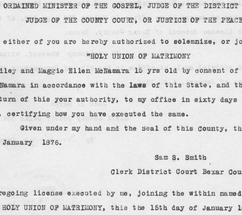 Scanned typed copy of a Texas marriage license (No. 4970) for John Riley and Maggie Ellen McNamara, Bexar County, 1876, with a certification stamp from the Bexar County Marriage Records at bottom right; faint bleed-through text from the reverse page is visible.