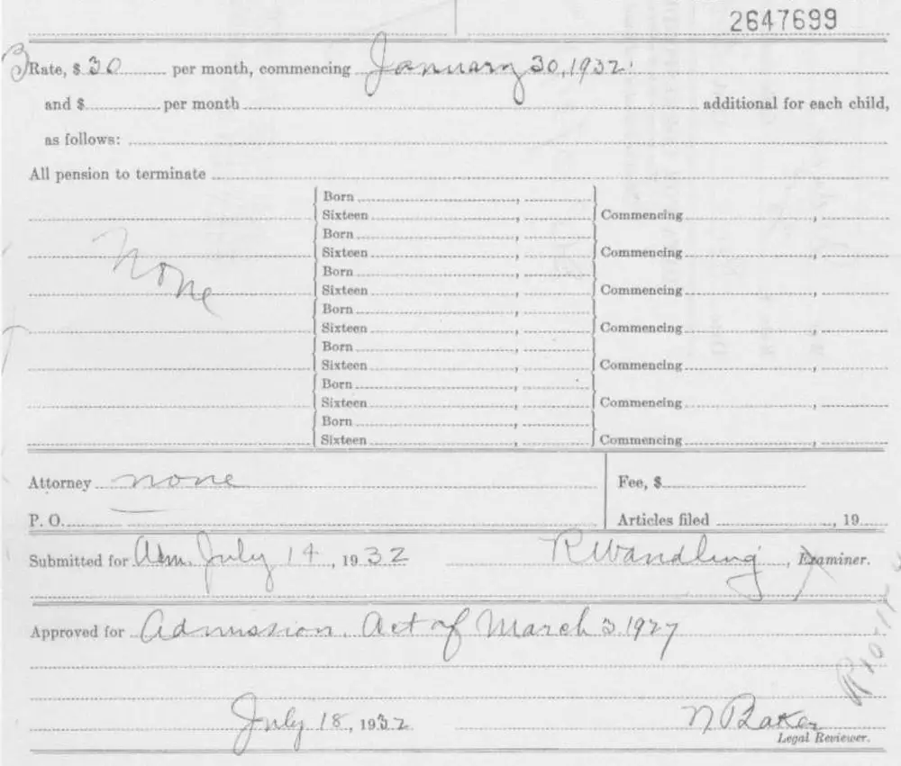 Veterans Administration Bureau of Pensions widow's pension brief form for Maggie E. Riley, widow of soldier John Riley, Private, Company A, Texas Frontier Forces