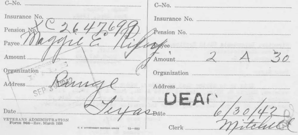 Veterans Administration Form 966 'Change of Name, Address, Number, or Organization' index card, with handwritten annotations noting pension number, payee name Maggie E. Riford, address Runge, Texas, marked 'DEAD' with date 6/30/42 and clerk signature Mitchell, plus a 'RECORDED FILED SEP 30 1942' stamp and two circular date stamps at the bottom.