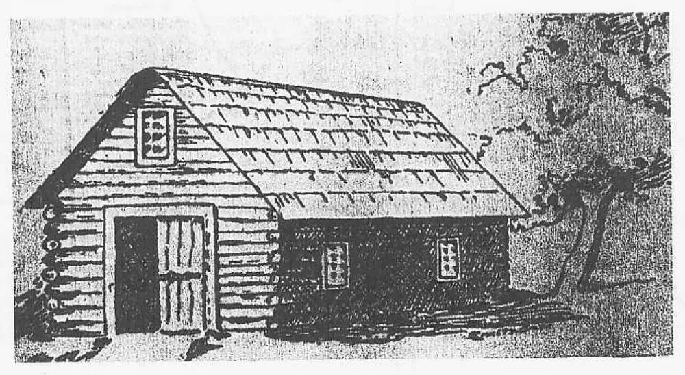 Pen-and-ink drawing of a log cabin building with a shingled roof, small windows, and a wooden door, representing the first courthouse building, with trees in the background.