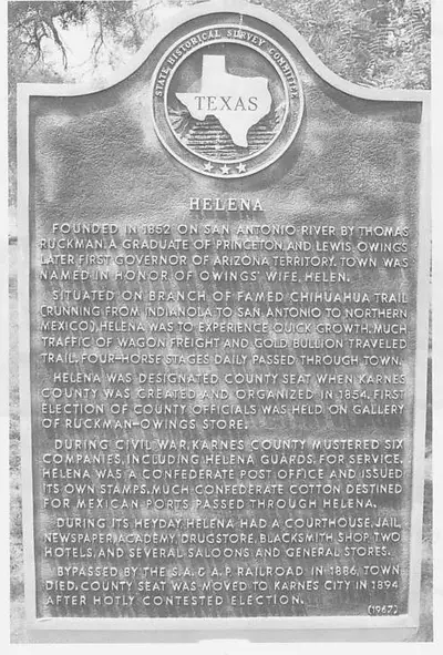 Photograph of the Texas Historical Marker titled 'HELENA', describing the founding and history of the town of Helena, Texas.
