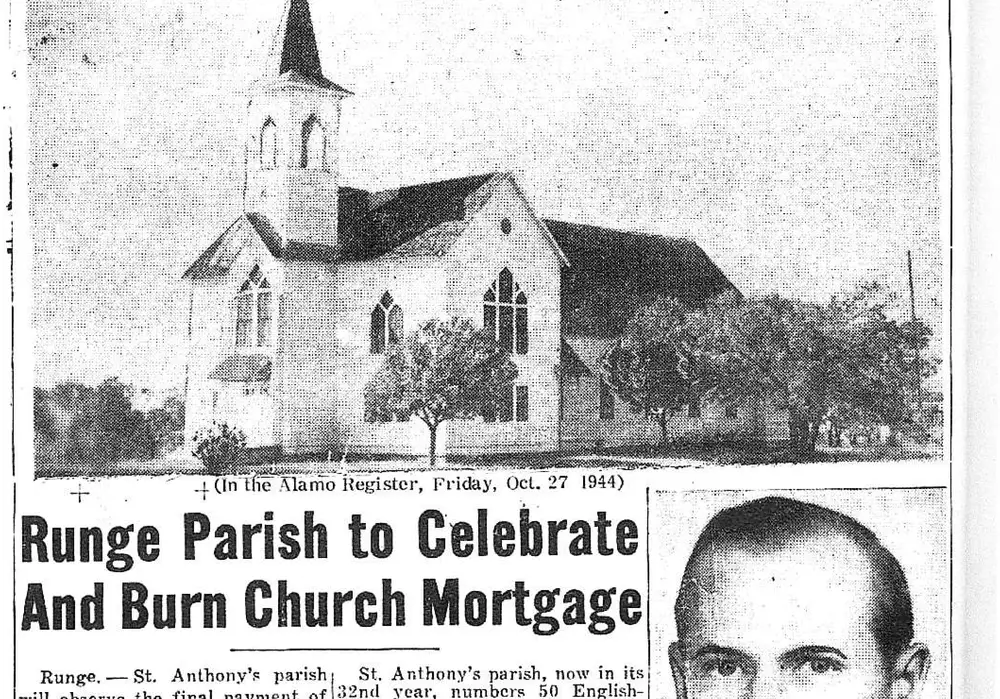 Exterior photo of St. Anthony's Church in Runge, Texas, a white church building with a tall steeple, surrounded by trees.