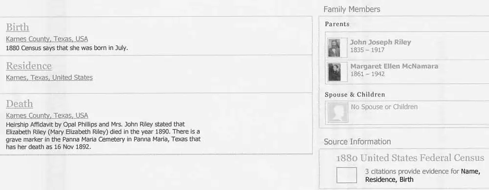 Printed screenshot of an Ancestry.com person overview page for Mary Elizabeth Riley from the 'Shaw Family Tree,' showing timeline, family members, and source information.