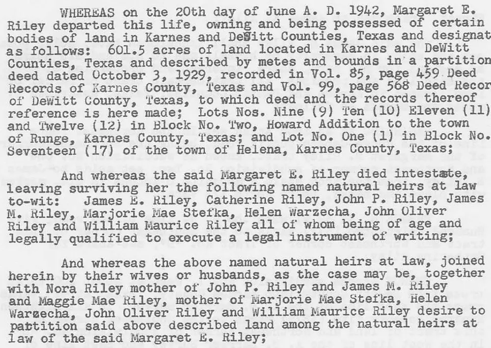 Typewritten partition deed document (page 1) regarding the estate of Margaret E. Riley, partitioning land among her heirs; faint ghosted text from the facing page bleeds through.