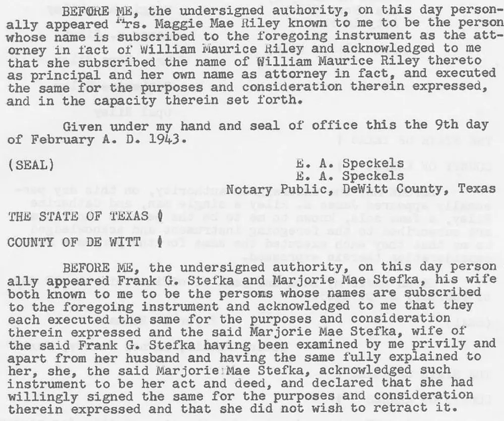 Typed legal document containing notary acknowledgments for a deed, including acknowledgments by Maggie Mae Riley (as attorney in fact for William Maurice Riley), and by Frank G. Stefka and Marjorie Mae Stefka; faint ghosted text from the facing page bleeds through the scan.