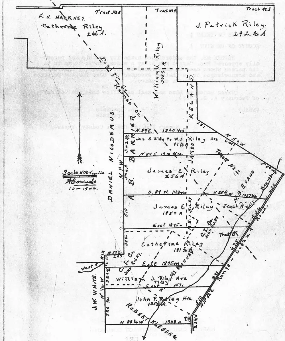 Survey plat map showing the division of the Margaret E. Riley land tract into numbered tracts among heirs (F.N. Hackney/Catherine Riley, William U. Riley, J. Patrick Riley, James E. Riley, William J. Riley Hrs., John P. Riley Hrs.), with metes-and-bounds measurements, compass bearings, adjoining landowners (Daniel Nicodemus, A.B. Barrier Co., J.W. White, Robert Kleberg, C.I. Co.), a north arrow, and a scale of 500 varas to the inch, surveyed by A. Conrads in October 1942.