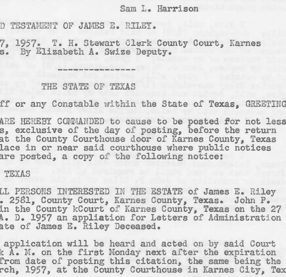 Typed legal document page continuing the last will and testament of James E. Riley with witness attestation, followed by a citation from the State of Texas regarding the filing of the will and an application for Letters of Administration on his estate
