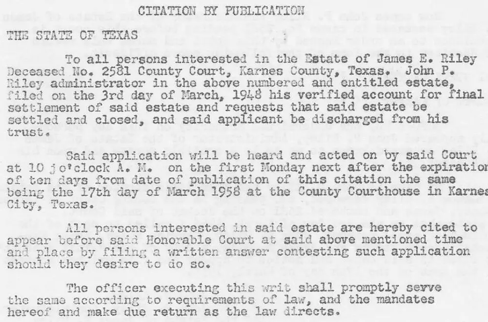 Scanned typed legal document: Citation by Publication in the Estate of James E. Riley, Deceased, Karnes County Court, Texas, with faint text from the reverse side of the page showing through.