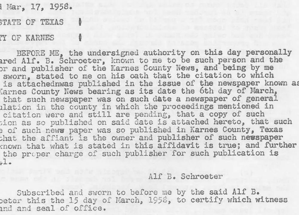 Scanned typed legal document: Sheriff's Return on Publication and notarized affidavit of publisher regarding a legal citation published in the Karnes County News, Karnes County, Texas.
