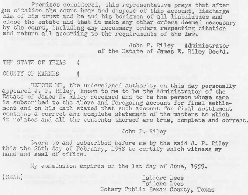 Scanned legal document page: continuation of a report of final account for the Estate of James E. Riley, deceased, including administrator's petition, notary certification (State of Texas, County of Karnes), and filing stamp from the Karnes County Abstract Company.