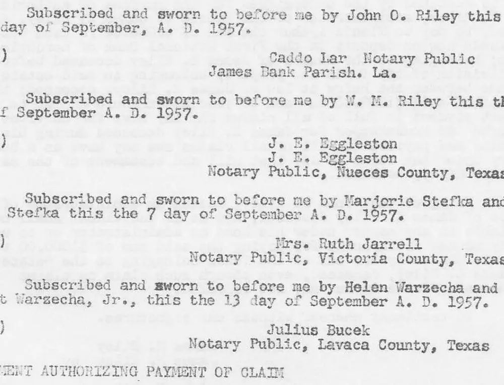 Typed legal document page containing multiple notary acknowledgment (jurat) clauses for an 'Agreement Authorizing Payment of Claim', with faint bleed-through text visible from the reverse side of the page, filed with Karnes County Court.
