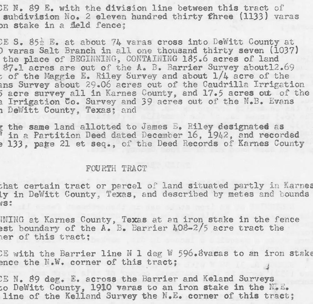 Typed legal document page (property survey/deed description) with faint ghosted text bleeding through from the facing page, letterhead of Karnes County Abstract Company at bottom