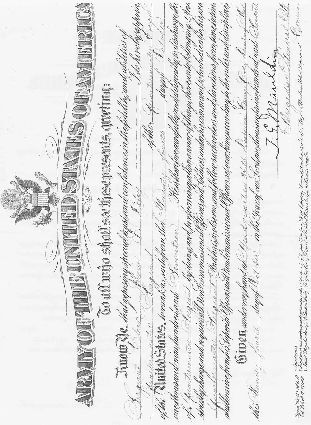 Scanned certificate appointing E. C. Riley as Quartermaster Sergeant, Army of the United States, signed by Brigadier General F. G. Mauldin at Headquarters, 34th Division, Camp Cody
