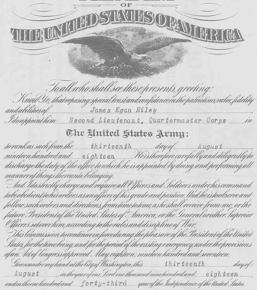 Military commission certificate (A.G.O. Form No. 650-11) appointing James Egan Riley as Second Lieutenant, Quartermaster Corps, U.S. Army, signed by the President via the Adjutant General's Office, with an eagle emblem at top.