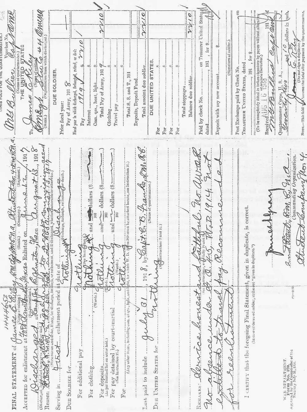 War Department Final Statement (Form No. 370) for James E. Riley, documenting his discharge from the 4th Q.M. Regiment on August 13, 1918 to accept a commission, and the quartermaster's payment brief showing $22.10 paid to him on August 16, 1919. The page is a scanned form filled out in typewriter and handwriting, oriented sideways.