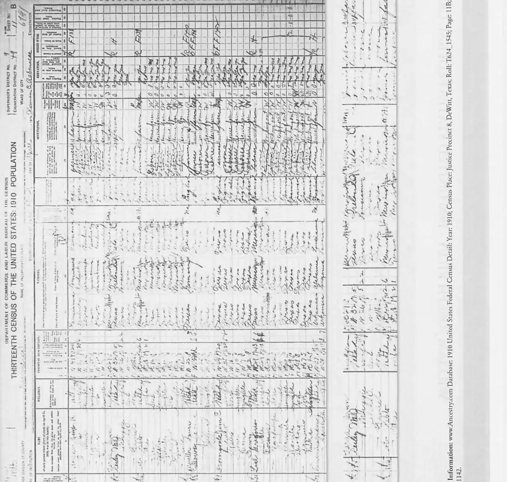 Scanned 1910 U.S. Federal Census population schedule page (Thirteenth Census), Justice Precinct 8, DeWitt County, Texas, Sheet No. 11B, Enumeration District 49, showing handwritten household entries including the Reiley family.