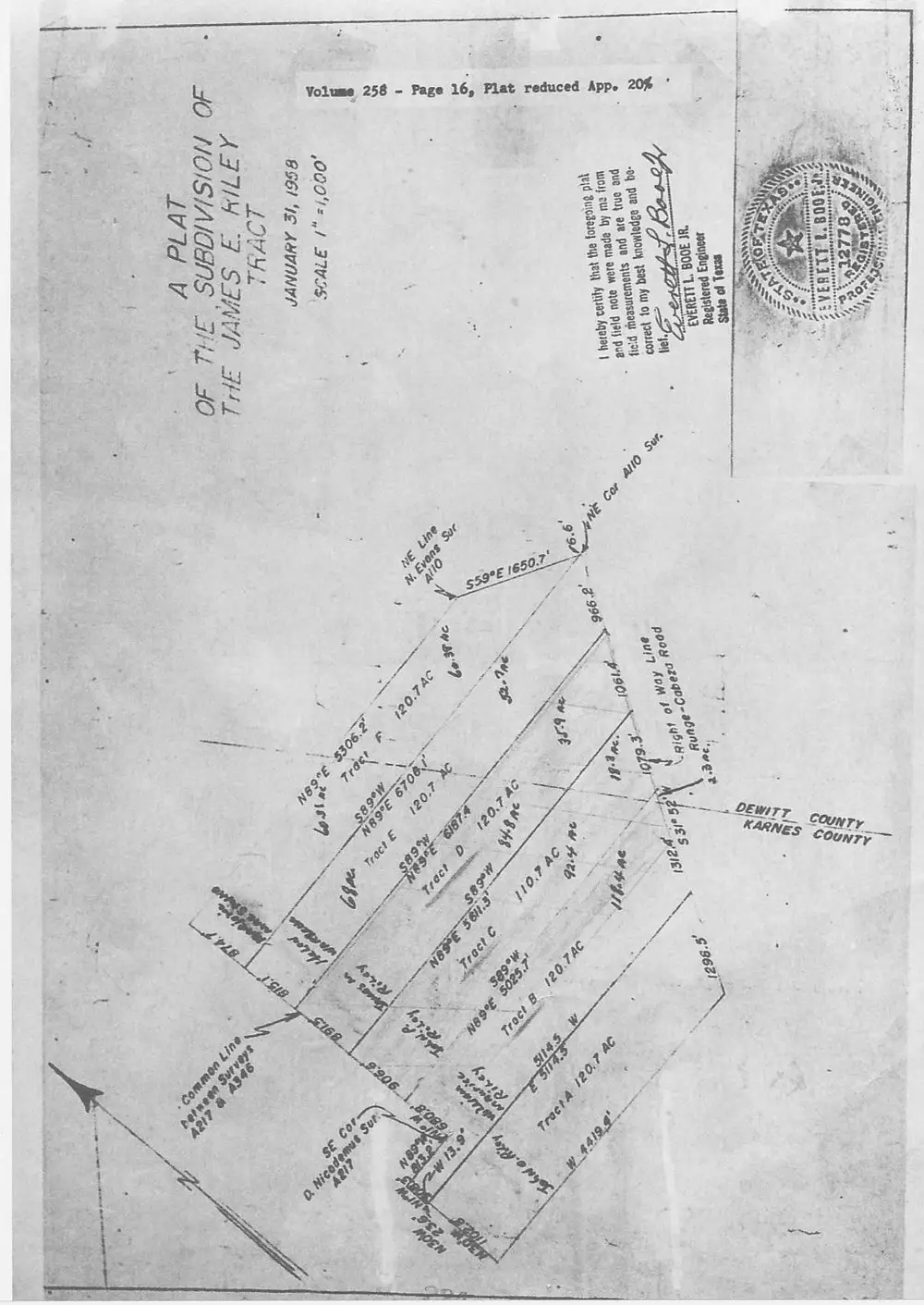 Surveyor's plat map showing the subdivision of the James E. Riley Tract into Tracts A through F, with metes-and-bounds measurements, acreages, the Runge-Cabeza Road right-of-way, the DeWitt/Karnes county line, and adjoining survey lines (N. Evans Survey A110, O. Nicodemus Survey A217, Survey A346).