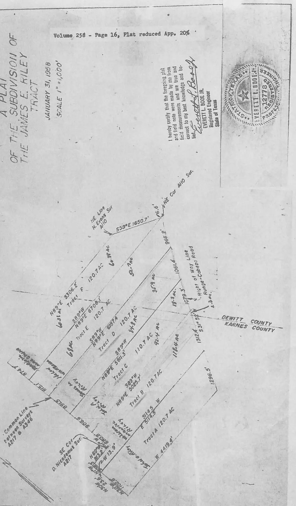 Surveyor's plat map of the subdivision of the James E. Riley Tract into Tracts A through F, showing metes-and-bounds courses, distances, acreages, the Runge-Cabeza Road right of way, the DeWitt/Karnes county line, adjoining survey lines (N. Evans Survey A110, D. Nicodemus Survey A217), a north arrow, an engineer's certification statement with signature, and the registered engineer's embossed seal for Everett L. Booe Jr.