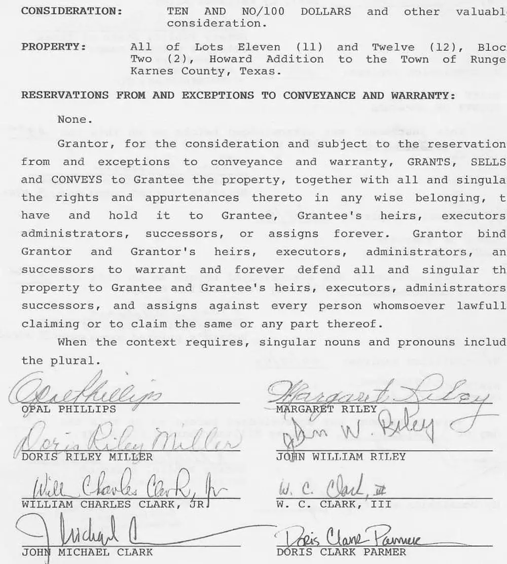 Scanned Warranty Deed dated March 21, 1988, conveying Lots 11 and 12, Block 2, Howard Addition, Runge, Karnes County, Texas, from multiple grantors (heirs of the Riley/Clark family) to Opal M. Phillips, Trustee, bearing signatures of all grantors
