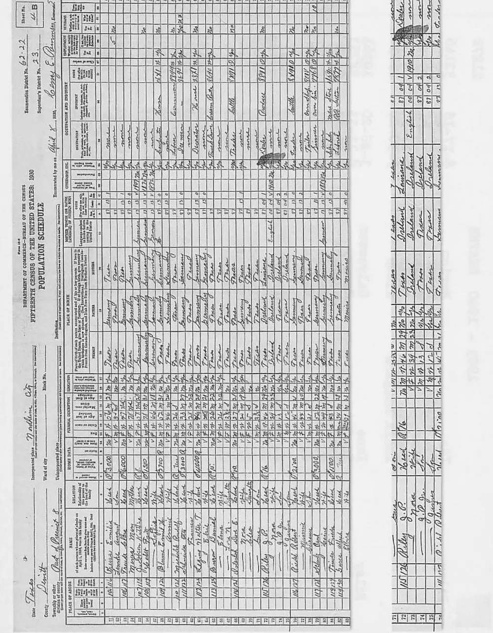 Scanned 1930 U.S. Federal Census population schedule page for Nordheim, DeWitt County, Texas, showing household listings in ruled columns including name, relation, home data, personal description, education, place of birth, citizenship, occupation, and employment