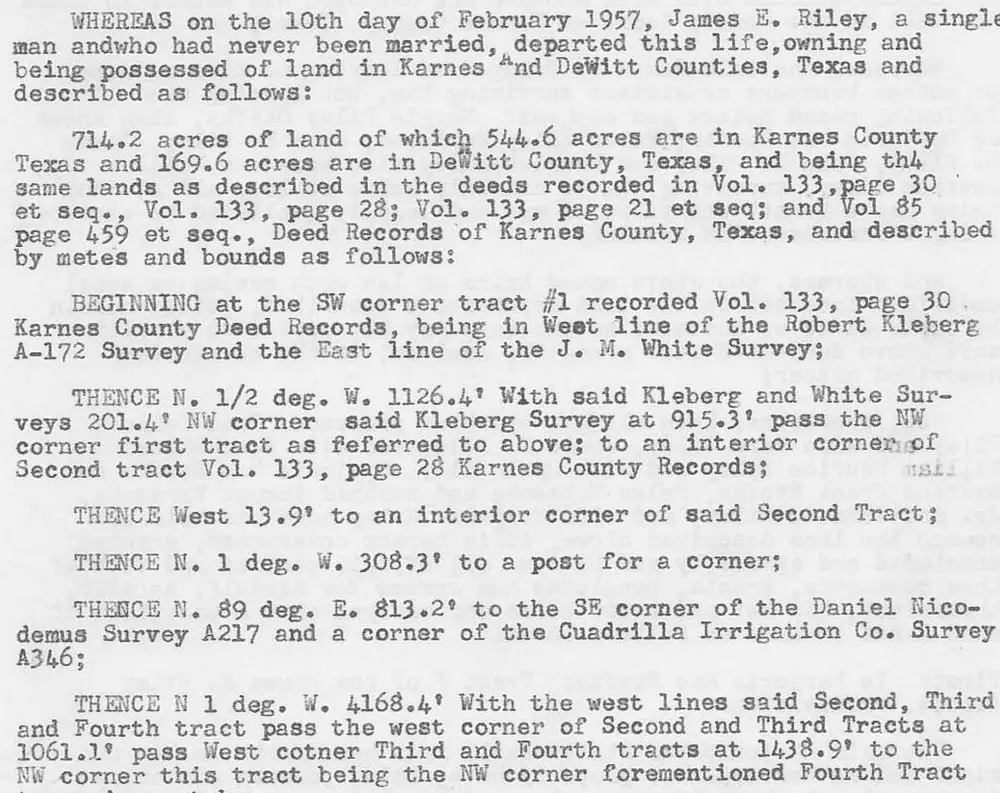 Typed page of a Partition Deed (John P. Riley et al.) recorded in Karnes County, Texas deed records, describing a 714.2-acre tract of land by metes and bounds following the death of James E. Riley.