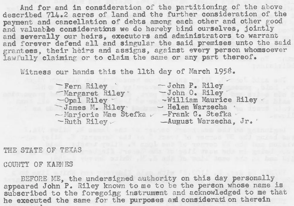 Scanned typed page of a partition deed among the Riley family, with signatures and a notary acknowledgment from Karnes County, Texas, dated March 11, 1958.