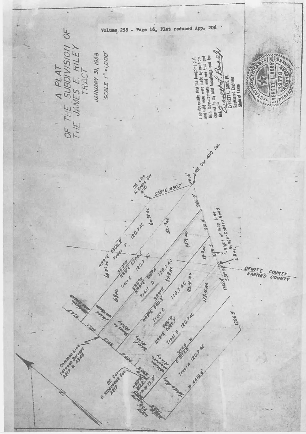 Surveyor's plat map showing the subdivision of the James E. Riley Tract into Tracts A through F, each approximately 120.7 acres, with bearings, distances, acreage figures, the DeWitt/Karnes county line, the Runge-Cabeza Road right-of-way, adjoining survey lines (N. Evans Sur. A110, D. Nicodemus Sur. A217), a north arrow, and a registered engineer's seal for Everett L. Booe Jr.