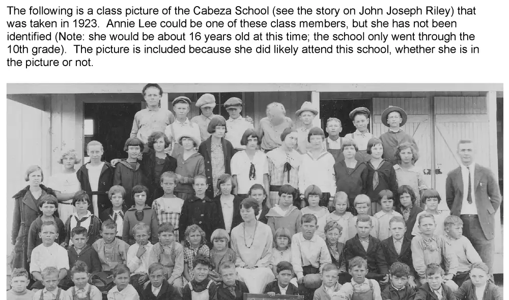 Large group class photograph of students and a teacher outside the Cabeza School building, with a chalkboard sign in front reading the school name, date, and teacher names
