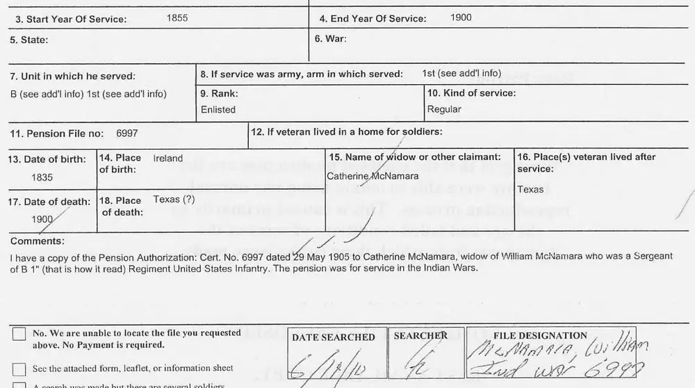 Completed NARA Form 85B research ticket for a federal pension file search, with handwritten date searched, searcher initial, and file designation entries plus a partially legible handwritten typed-text overlay in the middle right area.