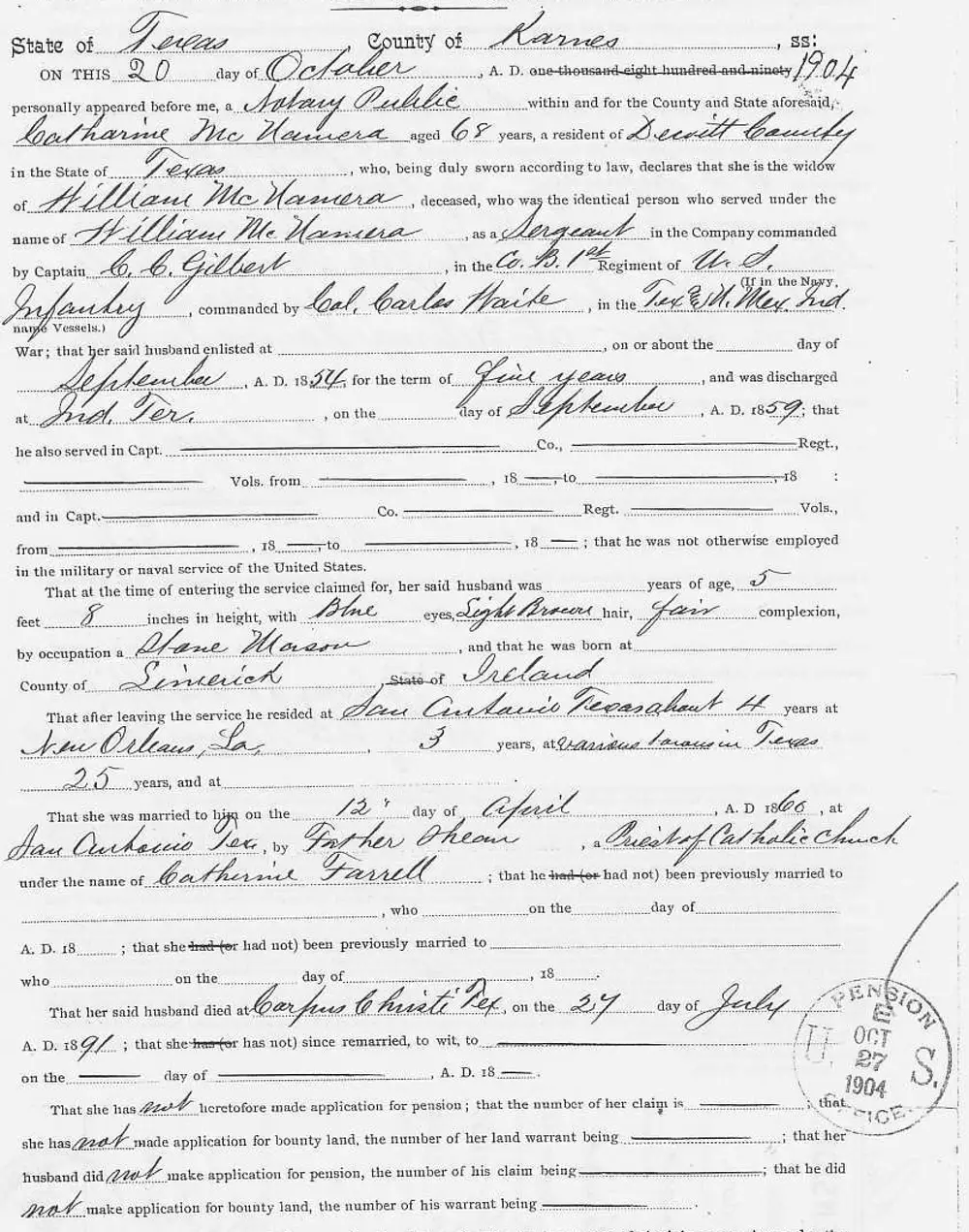 Scanned pension claim form: 'Claim of Widow for Service Pension Under Act of July 27, 1892' for the Indian Wars, filed by Catharine McNamera, widow of Sergeant William McNamera, sworn before a Notary Public in Karnes County, Texas, on October 20, 1904.