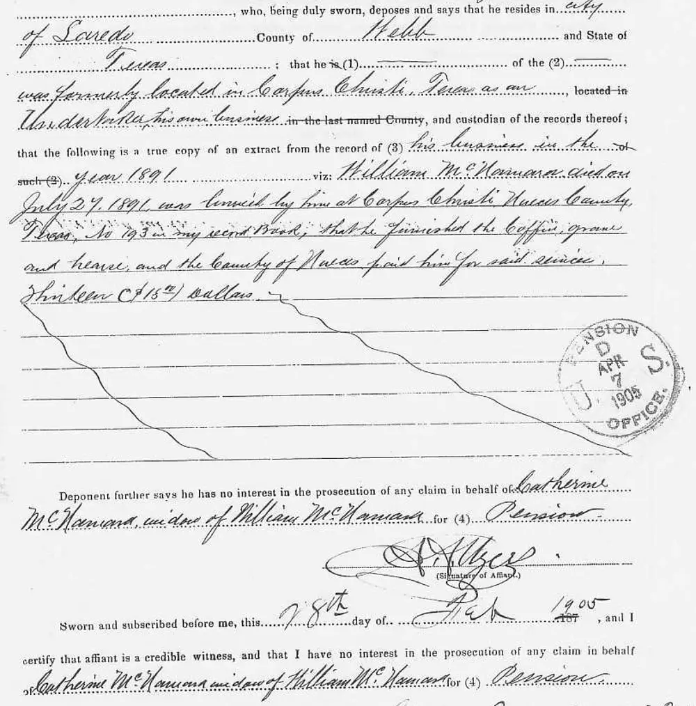 Sworn affidavit form 'Record Proof of Marriages, Births, and Deaths' completed for a pension claim, with notarization and a Pension Office receipt stamp dated APR 7 1905