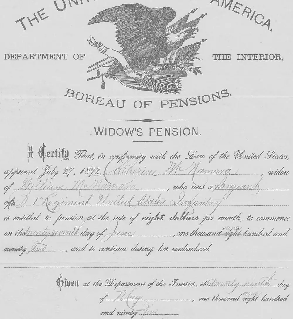 Widow's Pension certificate issued by the U.S. Department of the Interior, Bureau of Pensions, to Catherine McNamara, widow of Sergeant William McNamara, granting a pension of eight dollars per month effective June 27, 1892.