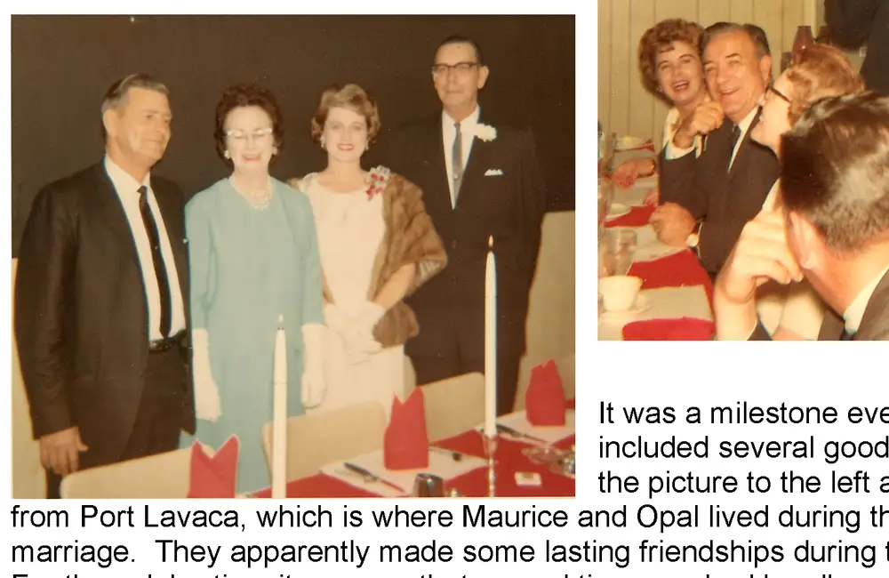 Two couples posing together at the anniversary dinner table: a man and woman on the left, and another man and woman (the anniversary couple) on the right, with lit candle and red table settings in foreground.