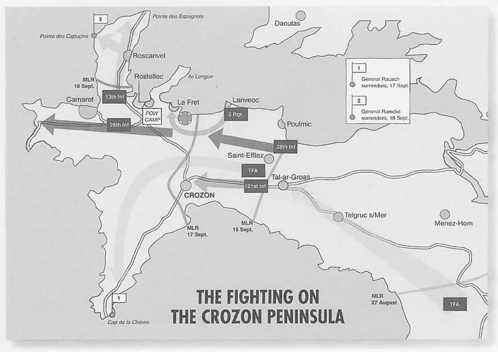 Military map titled 'THE FIGHTING ON THE CROZON PENINSULA' showing the Crozon Peninsula in Brittany, France, with troop unit positions (13th Inf, 28th Inf, 121st Inf, TFA, 2 Rgr.), attack arrows, Main Line of Resistance (MLR) dates, POW camp location, and surrender points for German Generals Rausch and Ramcke.